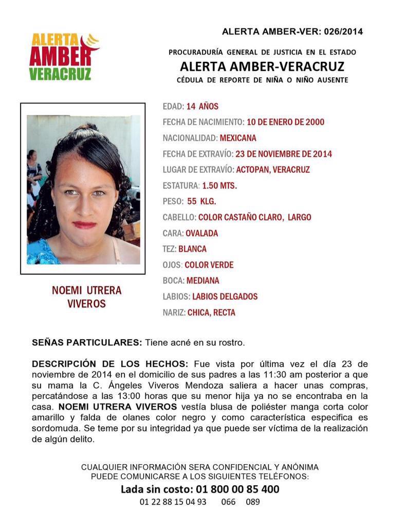 Ratn12's tweet photo. @brozoxmiswebs : Difunde por favor #AlertaAmber vía @aamber_ver NOEMI UTRERA VIVEROS de 14 años d edad. Es sordomuda http://t.co/RWtBTELy33