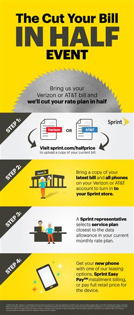 Sprint Cut Your Bill in Half Event–bring us your AT&amp;T or VZ bill &amp; we’ll cut your rate... bit.ly/1wjLJy0