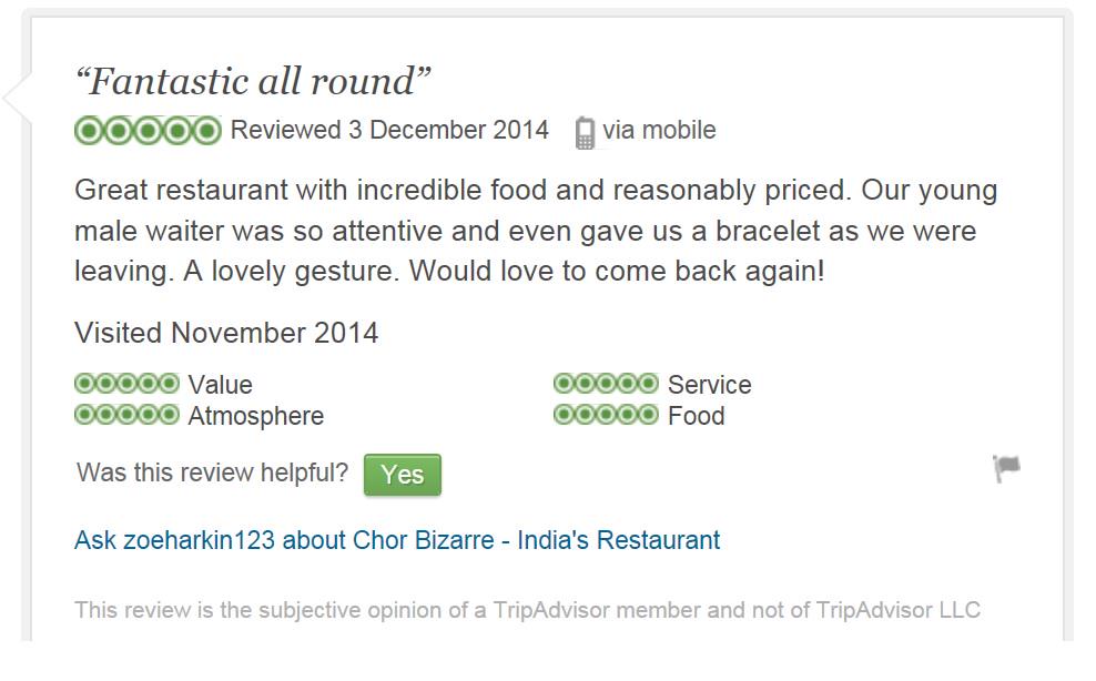 ChorBizarreUK's tweet photo. Positive guest reviews are such an important part of our day. Makes all our efforts worthwhile. Thank you Zoe :) http://t.co/FsZLkgZg46