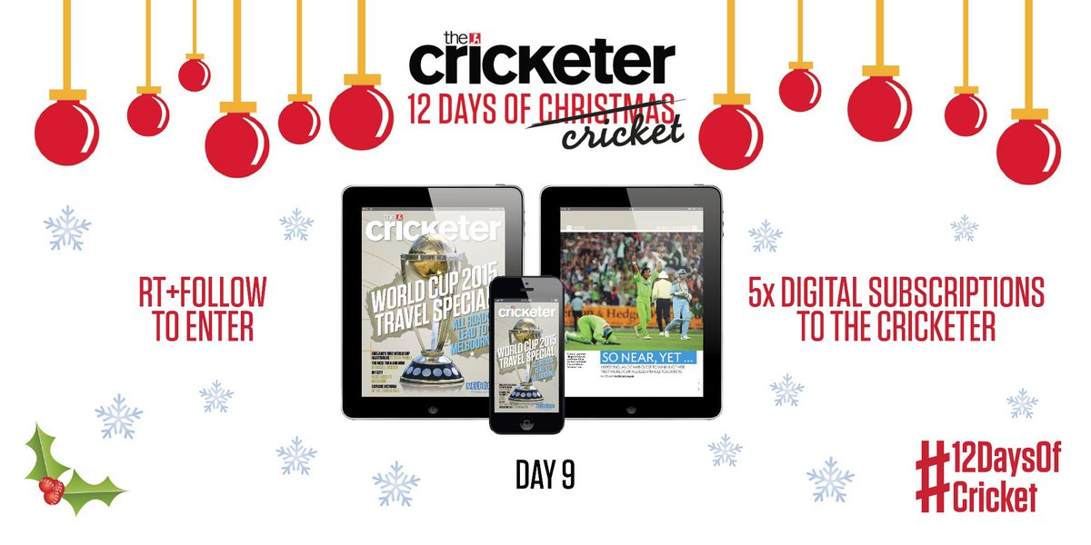 30 mins left! RT + follow for a chance to win one of five digital subscriptions. #12DaysOfCricket