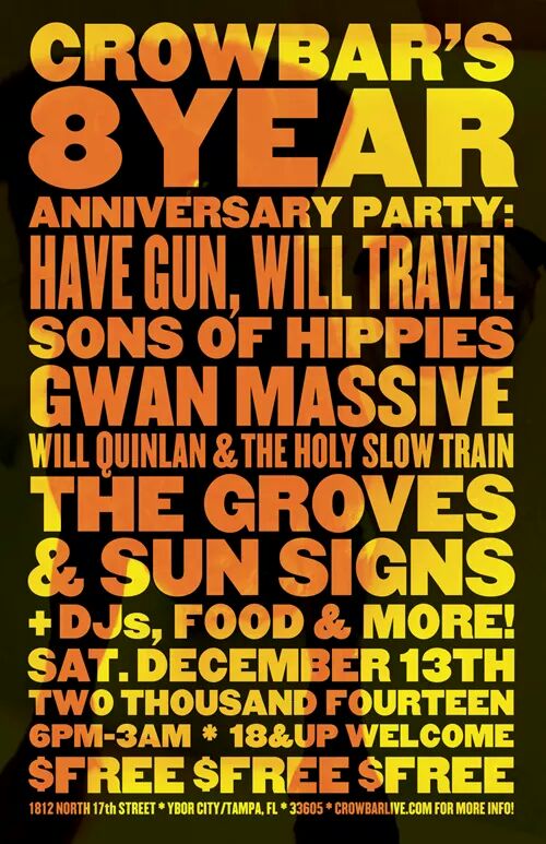 GWANMASSIVE's tweet photo. DEC.13th #GwanMassive w more #TAMPAMUSIC family LIVE at @CROWBARLIVE 8 year Anniversary #TampaBay #Ybor #tampahiphop http://t.co/qA8z5bb1mD