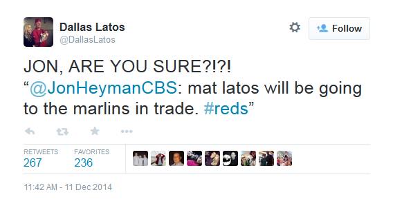 CBSSportsMLB's tweet photo. Mat Latos' wife followed rumors on Twitter before trade to Marlins http://t.co/mT0Q0bOmnG http://t.co/deyy6MoLqw