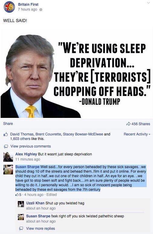 alihadi68's tweet photo. Whoever that vile group is #britainfirst or that hideous #SusanSharp in the pic they're beyond scum @realDonaldTrump http://t.co/o7yJd0Cy4D