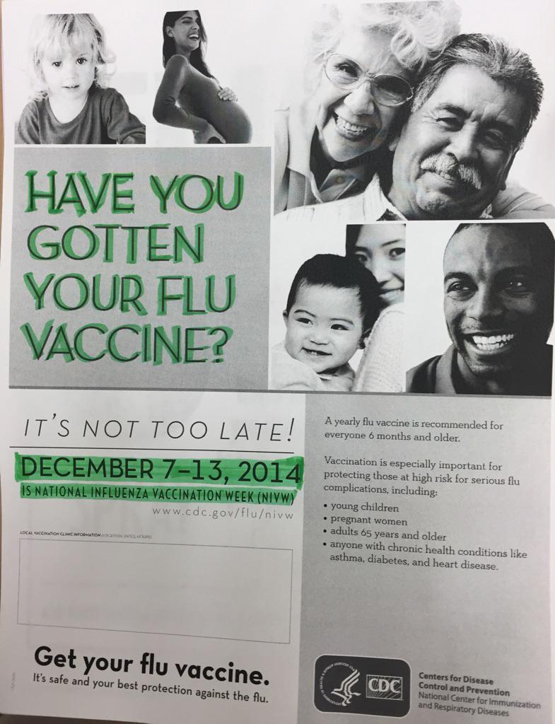 anjusabraham's tweet photo. National Influenza Vaccine Week! Have you gotten yours yet? #T2516 #BestTeamInRetail #NIVW2014 @DavesShannon http://t.co/baapVyGbQt