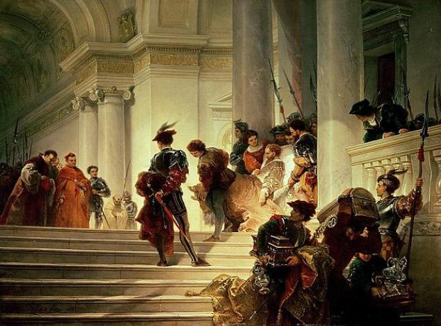 HistoryInPicz's tweet photo. Cesare Borgia leaving the Vatican painted in 1877 by Giuseppe Lorenzo Gatteri. #History #HistoricalPictures http://t.co/PHO94Fcml7