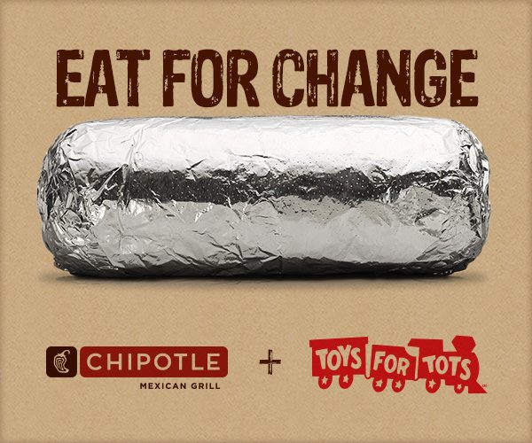 ChipotleTweets's tweet photo. Show this tweet at any MN restaurant on 12/16, and 50% of the proceeds will benefit @ToysForTots_USA -Joe http://t.co/m2z6JpiyDk