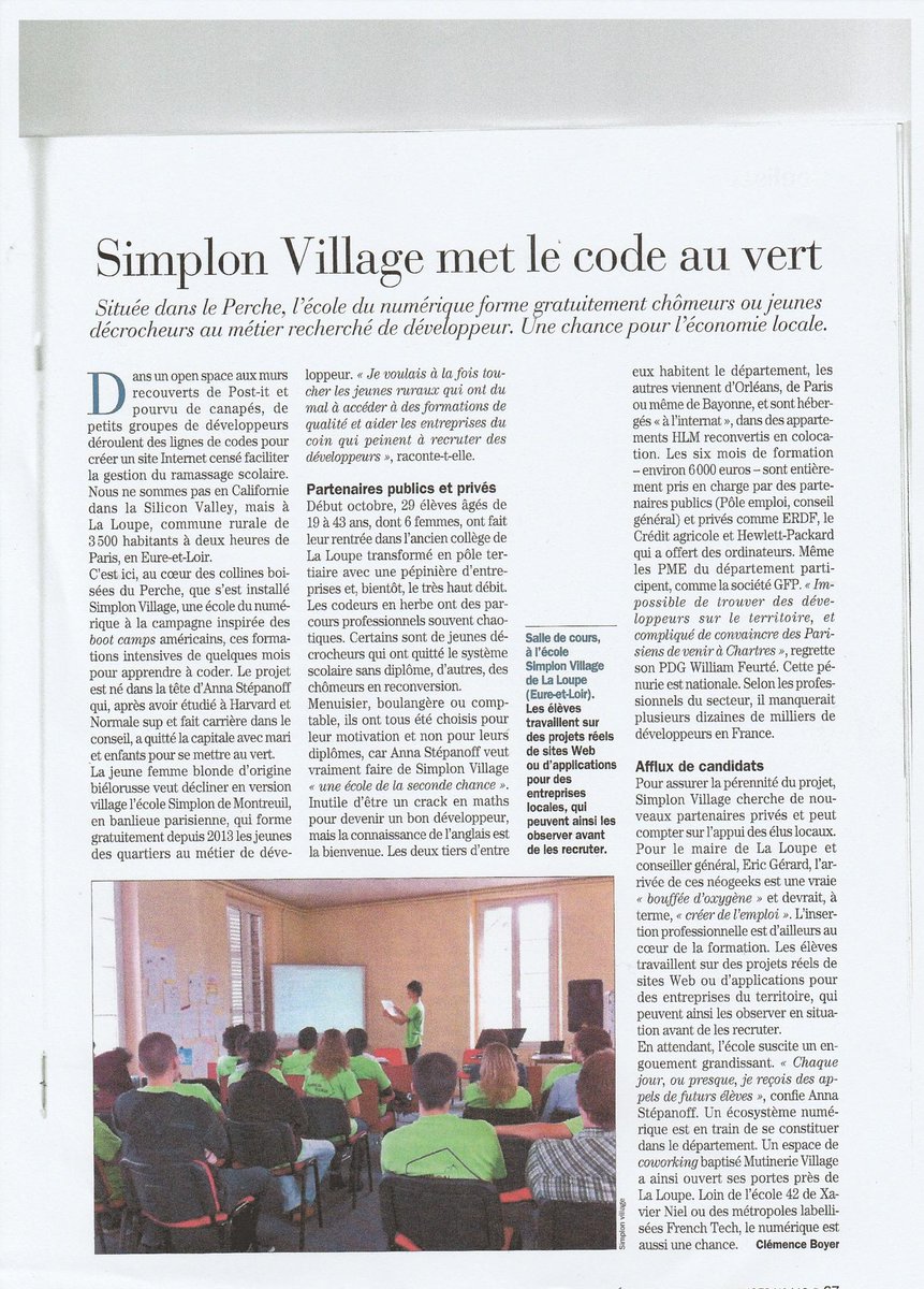 Guy_mm's tweet photo. Un exemple à dupliquer "@WildCodeSchool:@SimplonVillage met le code au vert dans @Challenges @lauredlr @frenchtech28 http://t.co/AYg8NEfxEa"