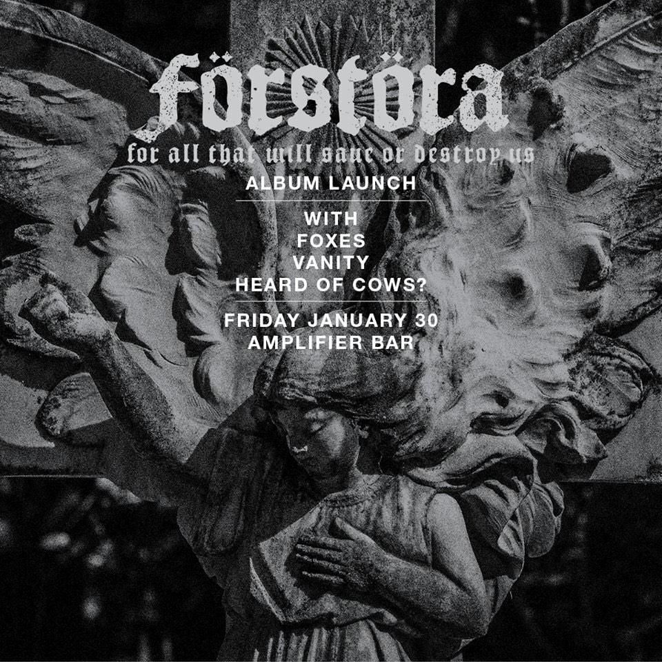 Forstora's tweet image. Debut album 'For All That Will Save or Destroy Us' out through @birdsrobe Jan 30, album launch @AmplifierCapito