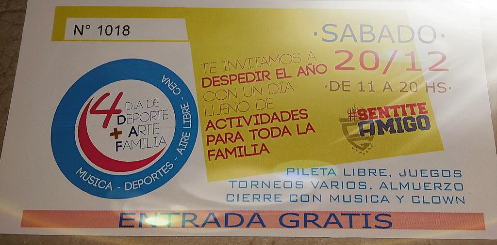 Está es la entrada para entrar gratis a todas las actividades del día! Torneos, Pile, Almuerzo, Cierre Musica&amp;Arte