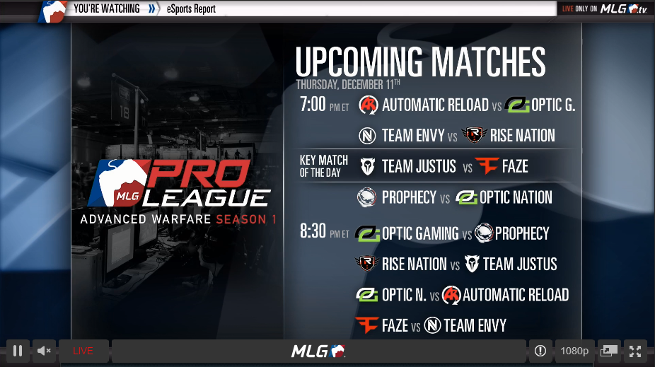 MLG's tweet photo. Tonight's MLG Pro League @CallofDuty Advanced Warfare Season 1 Matches are LIVE on http://t.co/3EAvDgnUrD http://t.co/v6zj0KdTPd
