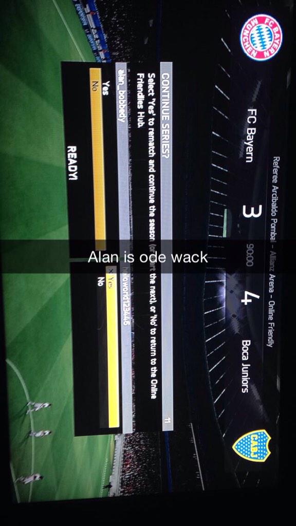pochi3497's tweet photo. Beat @alan_snupe with boca juniors while he was fc Bayern 4-3 #wackboy http://t.co/g1Oii7uG95