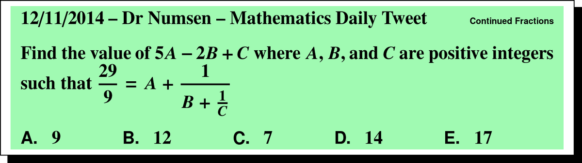 DrNumsenMath's tweet photo. Continued Fraction question today!  #UILMath Answer: http://t.co/tBtd60aEqf http://t.co/MY2zZZZzhv