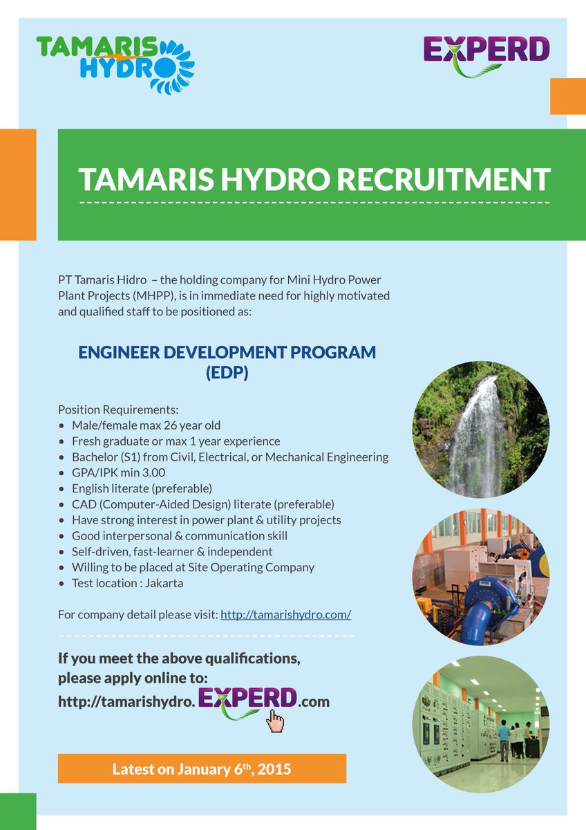 Lowongan Engineer Development Program (EDP) Tamaris Hydro. More information tamarishydro.experd.com <a href="/InsinyurTMED/">Humas KAMUSAKTI</a>