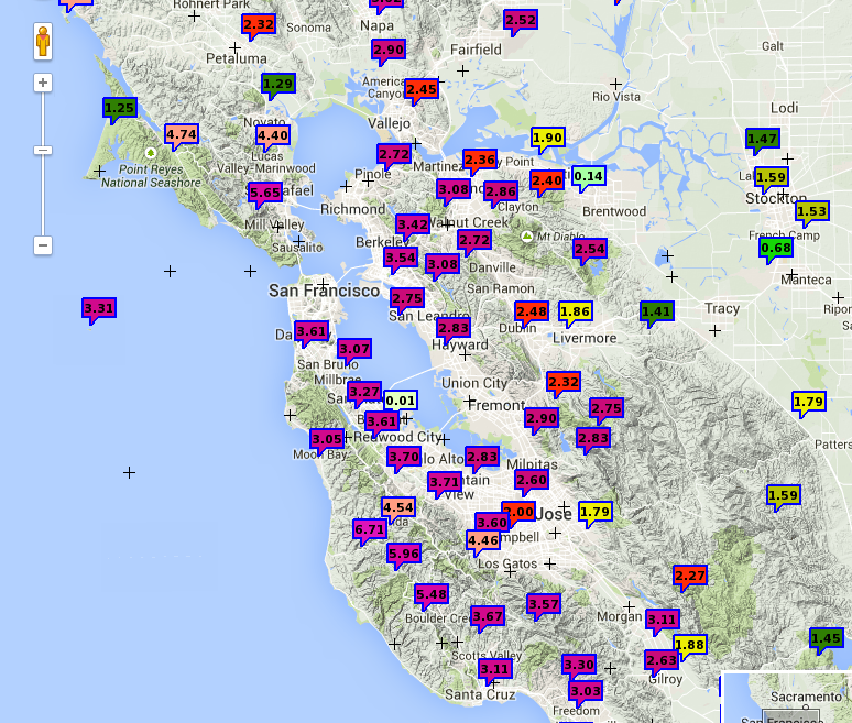 ravineco's tweet photo. Current rain totals in the SF Bay area. Pescadero approach 7 inches. http://t.co/QECN0GGNKI