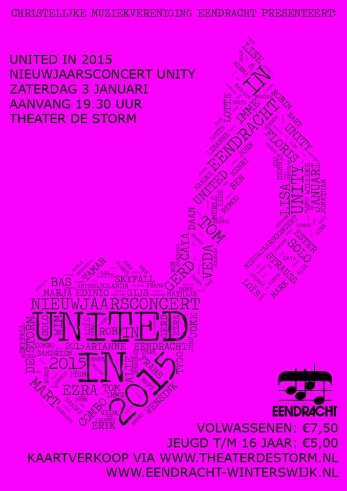 UnitedIn2015's tweet photo. Wees erbij op 3 januari 2015 in @TheaterDeStorm ! Opleidingsorkest Unity van @eendracht_wwijk geeft een mooi concert. http://t.co/ovQ6TFEKV8