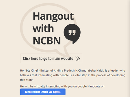 thenewsminute's tweet photo. AP CM @ncbn to interact with citizens on December 20 through #GoogleHangouts http://t.co/hPaqECxhF7 #askcbn #askapcm http://t.co/mPnXhqzB7c