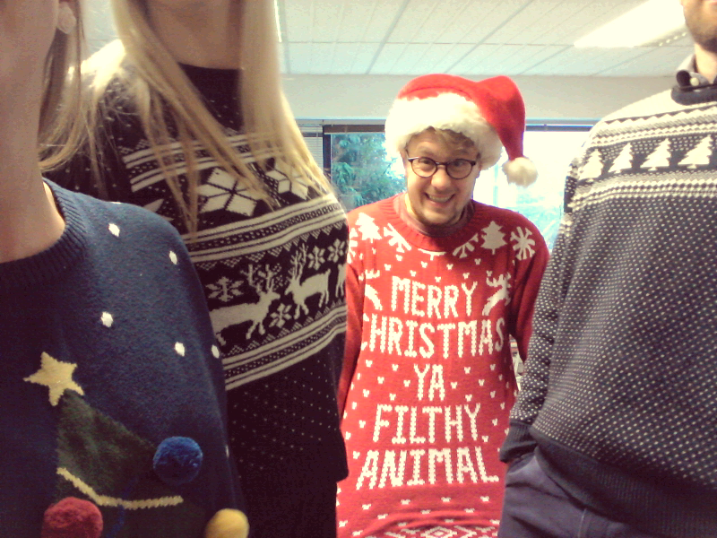TMGMakes's tweet photo. We're feeling festive. Christmas jumpers and back to back Buble on Spotify. #ChristmasJumperDay http://t.co/YT2HUfS3Tv
