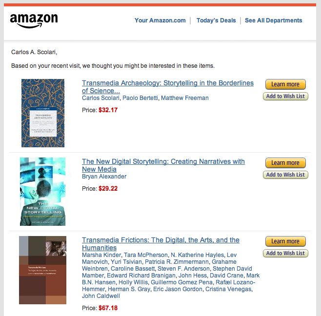 El algoritmo de Amazon, conocedor de mis gustos, me recomienda mi propio libro #TransmediaArchaeology <a href="/PaoloBertetti/">Paolo Bertetti</a>
