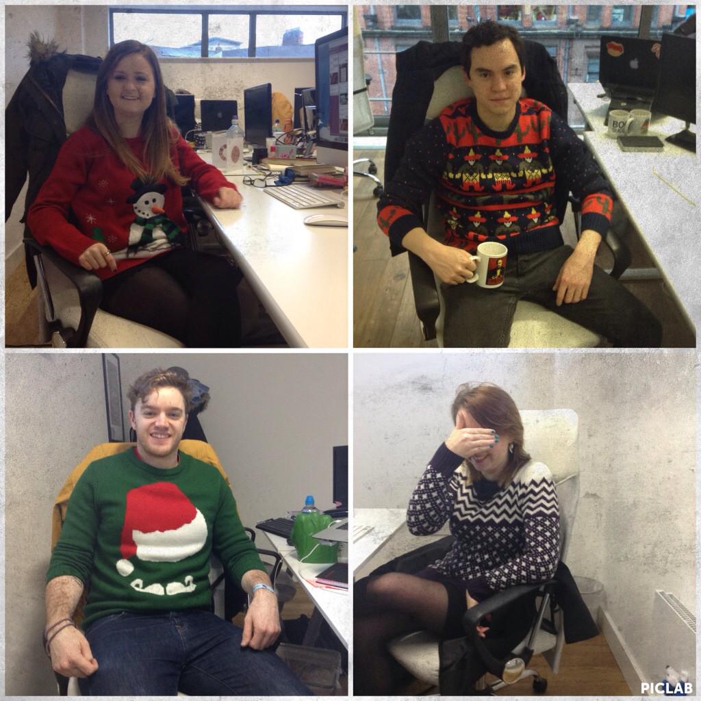 mycleveragency's tweet photo. We're wearing our best knitwear for @savechildrenuk's #ChristmasJumperDay . Join in &amp; donate! http://t.co/LvErlwhPnu http://t.co/YM9o9vCnhT