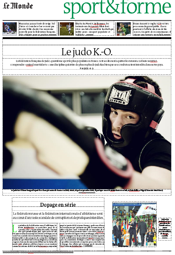 AuTapis's tweet photo. La une du cahier Sport du @lemondefr aujourd'hui. Le #judo vs #MMA. http://t.co/9AquJPQqTc