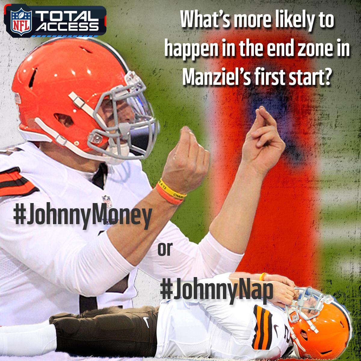 nflnetwork's tweet image. What's more likely to happen in the end zone in Manziel’s first start: #JohnnyNap or #JohnnyMoney?