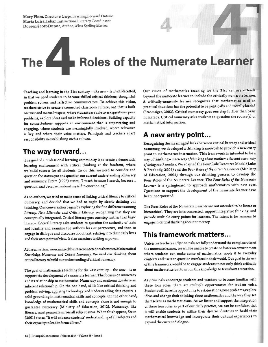 MaryFiore1's tweet image. A new way of thinking...'4 Roles of the Numerate Learner' @gcouros @joboaler @Carla_Pereira2 @PeelSchools