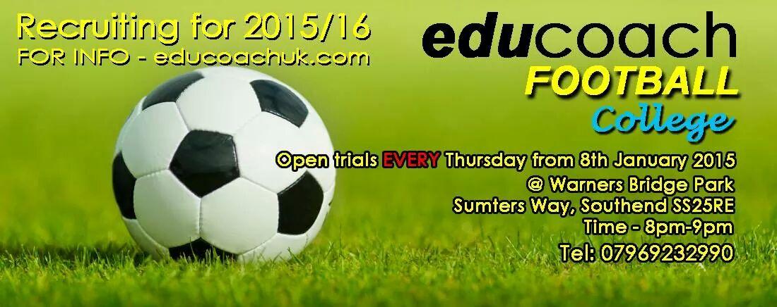 Open trials for 2015/16 season return on 8th January. For info - educoachuk.com #football #essex  #london