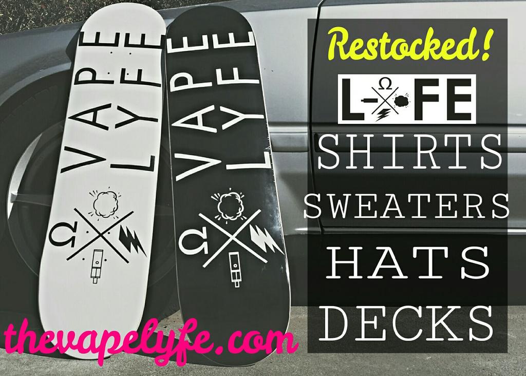 VAPELYFE's tweet image. RESTOCKED!!! Shirts, Sweaters, Hats and Decks! THEVAPELYFE.COM
 #vapelyfe