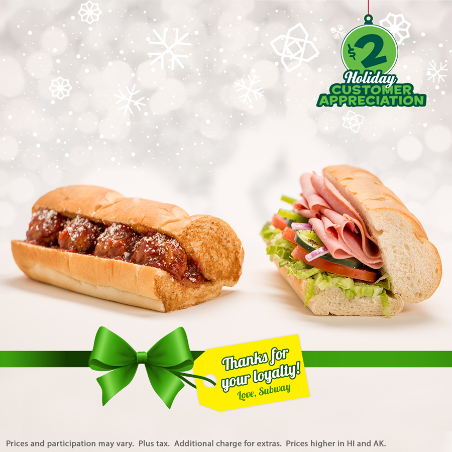 SUBWAY's tweet image. Fill yourself with the holiday spirit (and subs). Get a 6” Meatball Marinara or Cold Cut Combo for only $2!