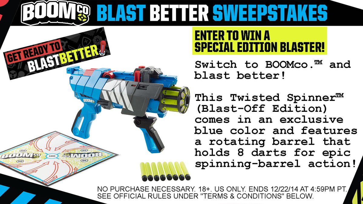 BoomCo_Official's tweet photo. Enter the #BlastBetter #sweepstakes for a chance to win one of 75 Twisted Spinner blasters! http://t.co/yrOzxeS9cV http://t.co/5jqELdG04y