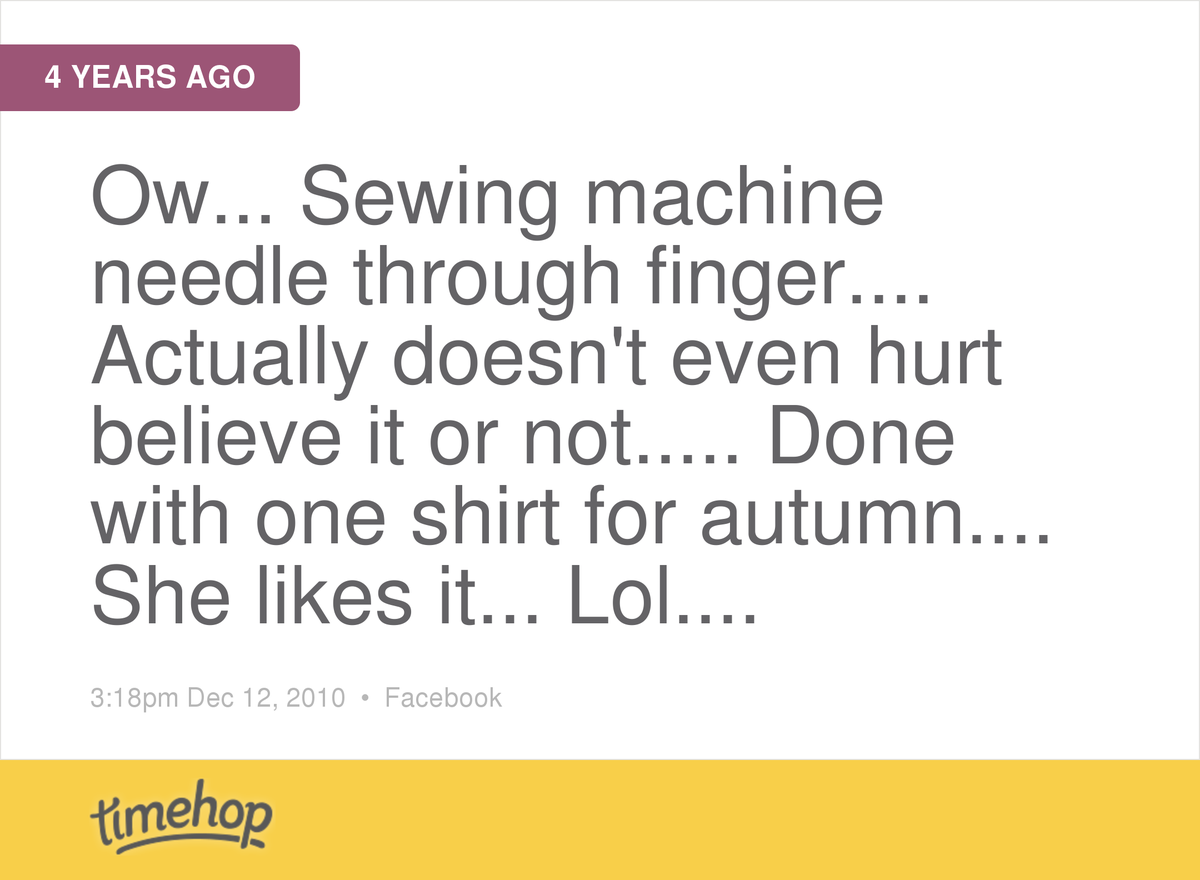 springyh's tweet image. 4 years ago. Biggest sewing machine mistake I ever made.  timehop.com/c/fs:177435202…