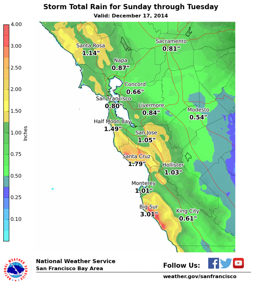 ARCmontereybay's tweet photo. RT @NWSBayArea: Rainfall forecast for Sunday Evening through Tuesday Night. Locally higher amounts possible. #cawx http://t.co/qFWb3ZqqYi