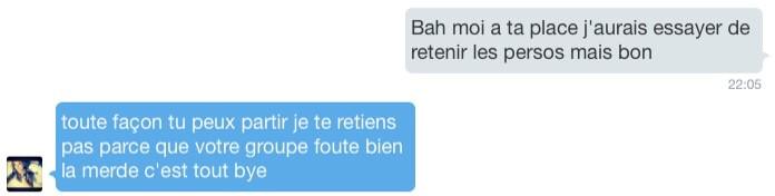 AnaRPGSBR's tweet photo. Bon bah vu au apperemment j'fais partie du groupe qui a foutu la merde j'suis plus la bienvenue so bye bonne vie à_ http://t.co/xlrwdNI10L