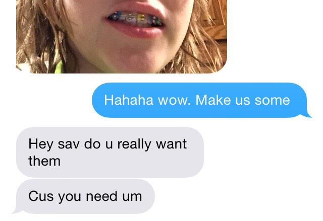 way_2_savvy's tweet photo. Maggie thinks that her fake braces will fix my gap http://t.co/Rr501iN7Td