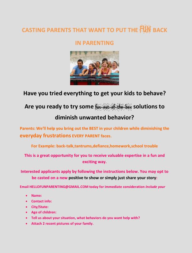 CastingPARENTS's tweet photo. @Walmart #CASTING EVERYDAY PARENTS who'd like to put the FUN back in #Parenting #Walmart http://t.co/zIvXkaAnLX