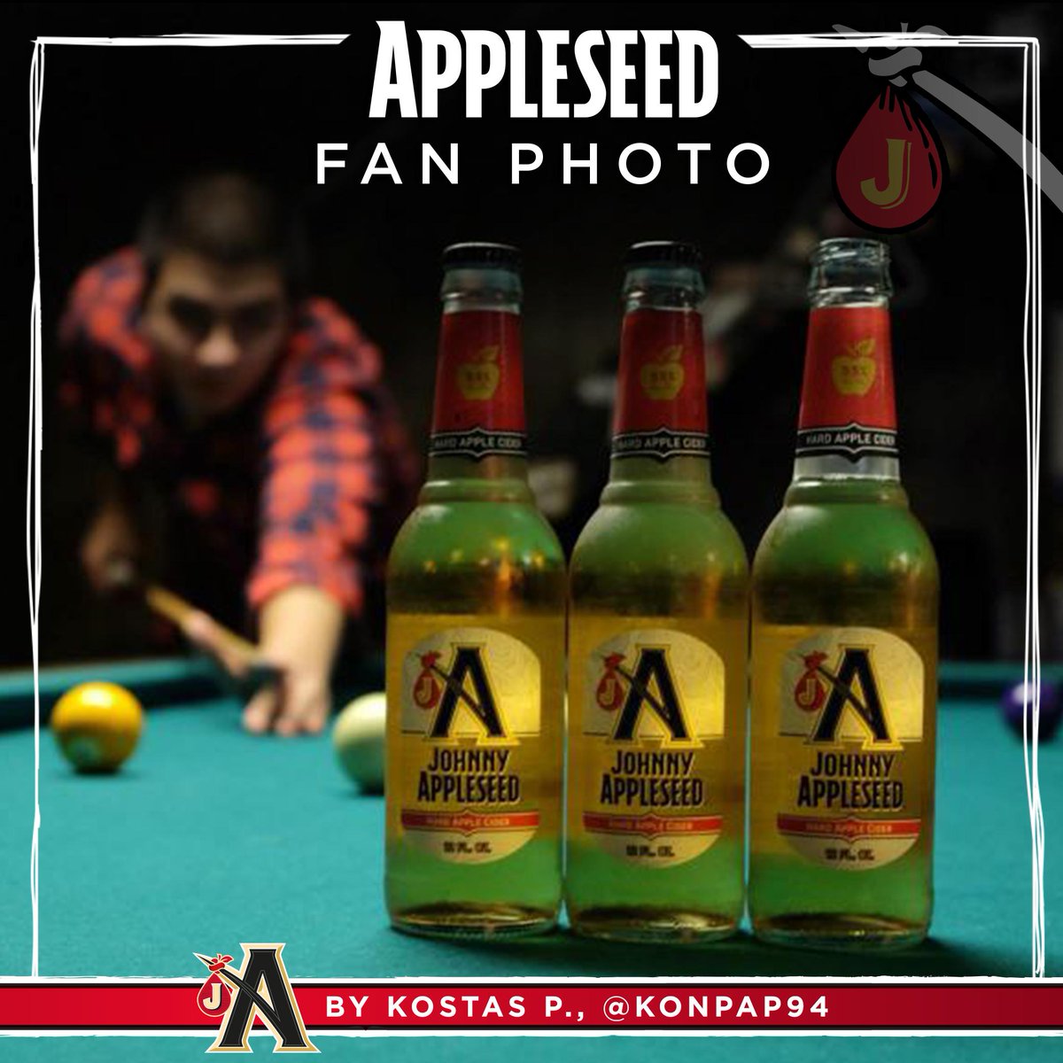 appleseedcider's tweet photo. Can you sink a 5 ball off 3 bottles of Johnny Appleseed? Share a pic of what you’re up to tonight! http://t.co/1VNPOYFmZO