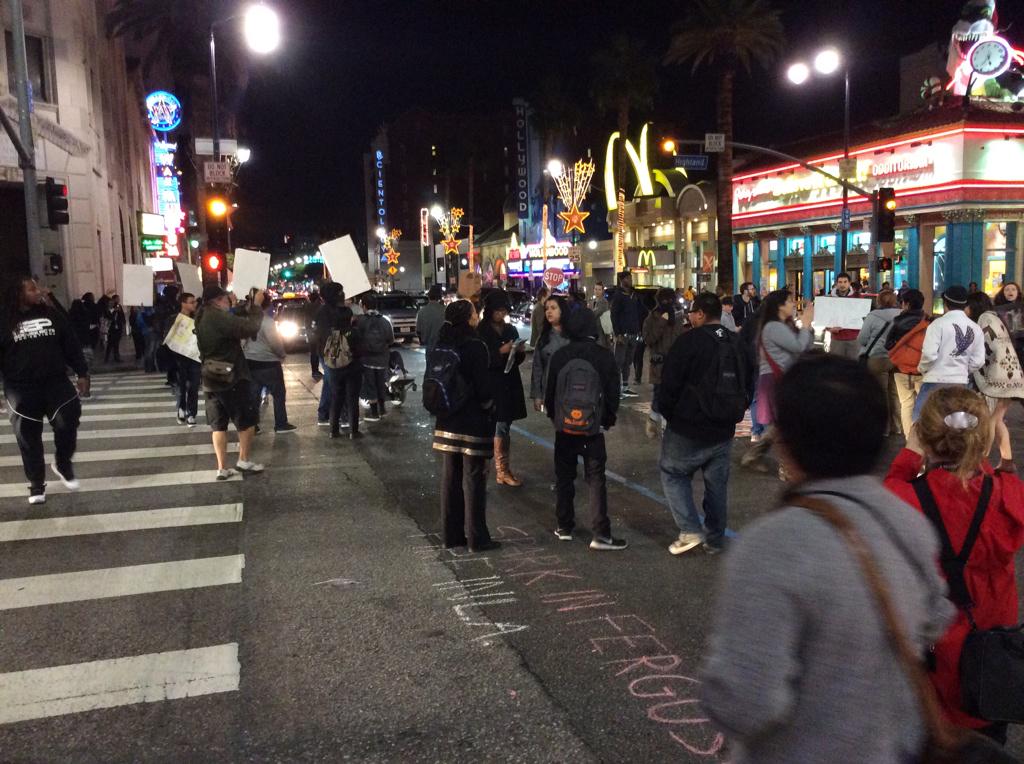 Dalrymple's tweet photo. Protest in Hollywood tonight RT @jasmyne: #HollywoodandHighland shutdown http://t.co/FeNWNdoRWW