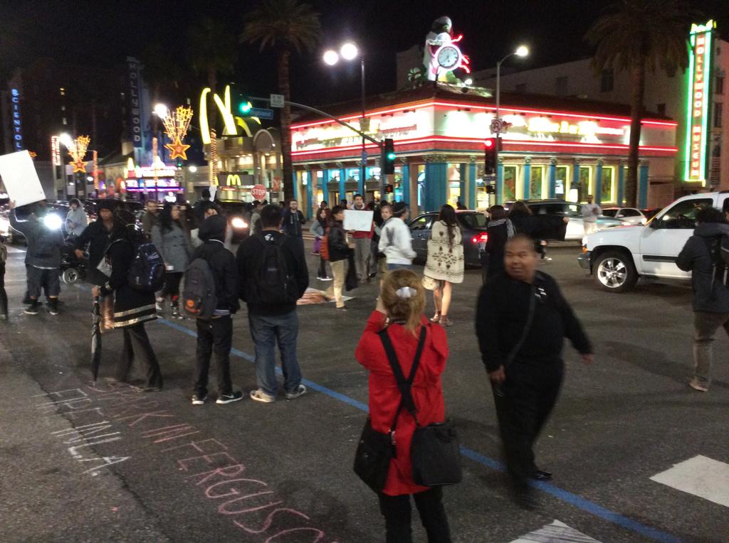 Dalrymple's tweet photo. Protest in Hollywood tonight RT @jasmyne: #HollywoodandHighland shutdown http://t.co/FeNWNdoRWW
