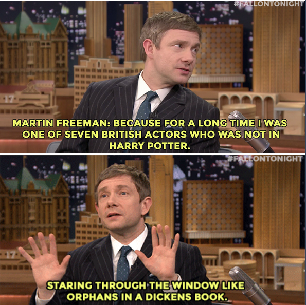 FallonTonight's tweet photo. Martin Freeman was a little upset about not being in the Harry Potter films. #FallonTonight http://t.co/mhkW0eHU93