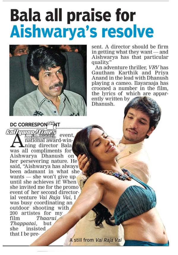 kollywoodtimes's tweet photo. Bala all praise for Aishwarya's resolve |Source:DC @ash_r_dhanush @Gautham_Karthik @PriyaAnand http://t.co/bSw4BZAENG