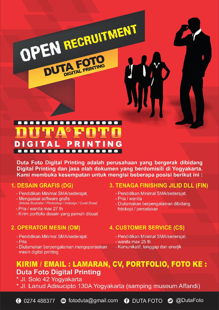 #LowkerYK <a href="/dutafoto/">DUTA FOTO</a>: Des Grafis,Op Mesin,Finishing,CS|Min SMA/Sederajat|Lamarn krm ke Duta Foto Digital Printing