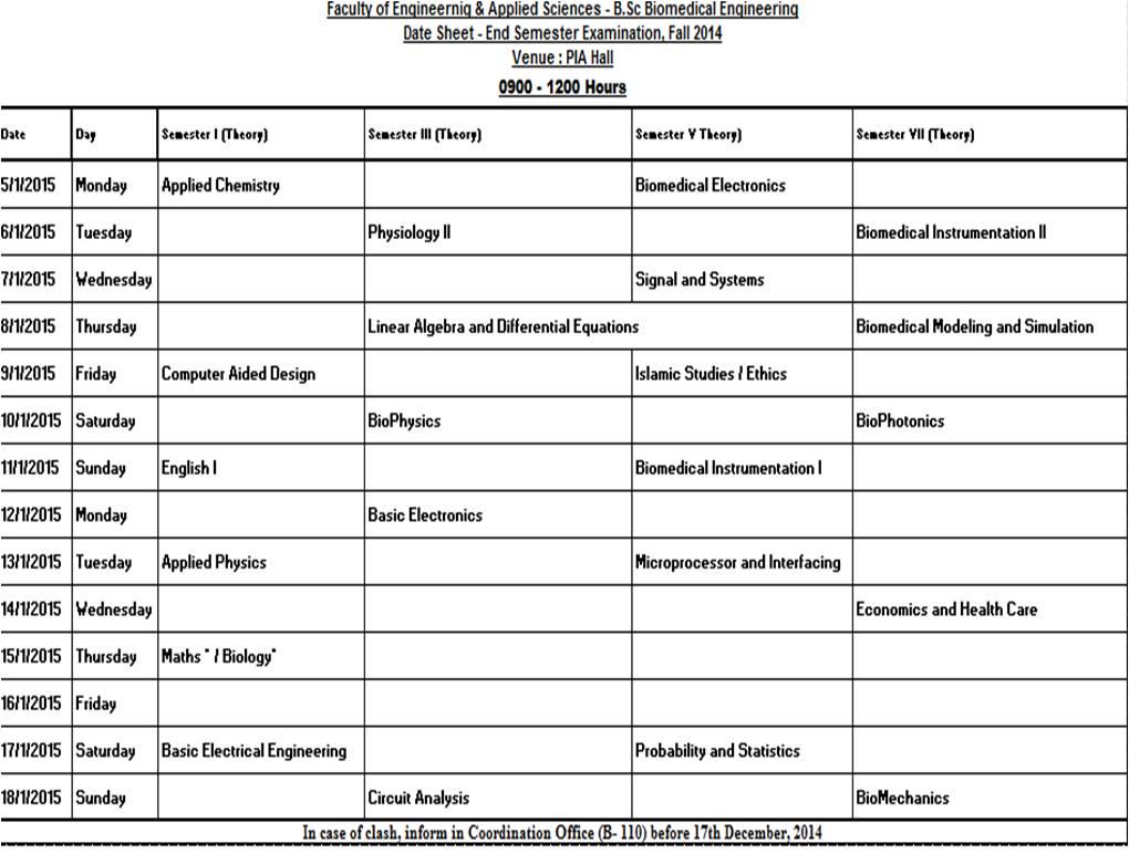 Riphah_Uni's tweet photo. EE &amp; BME Tentative Date Sheet. http://t.co/w1113BgSFY