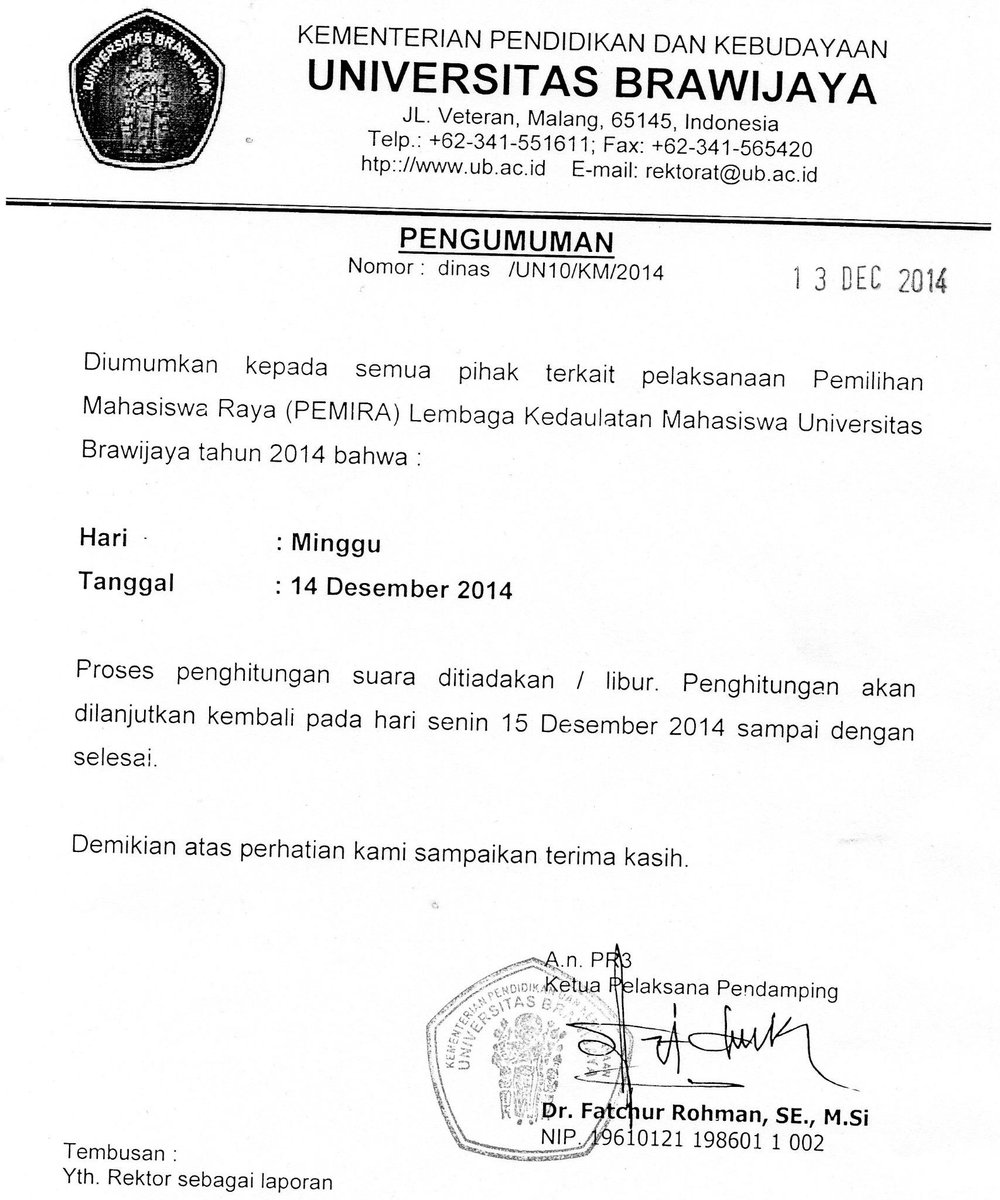 #PENGUMUMAN Proses perhitungan suara pd hri Minggu, 14 Desember 2014 ditiadakan/libur.   | <a href="/DPMUB/">DPM UB 2017</a> <a href="/panwas_ub2014/">Panwas Pemira 2014</a>