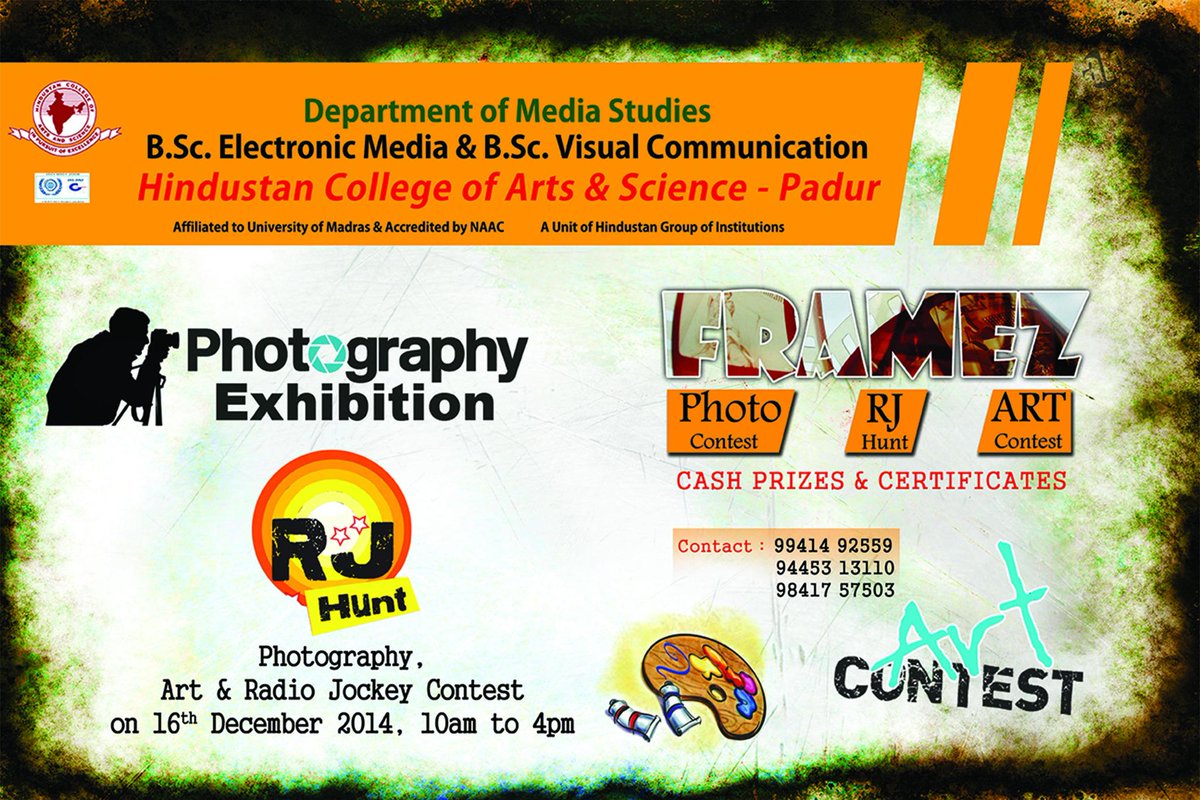 HCASChennai's tweet photo. Department of Media Studies -  Photography Exhibition, Photography contest, RJ Hunt &amp; Art contest - Dec 16, 2014. http://t.co/TAvh3rhW9Q