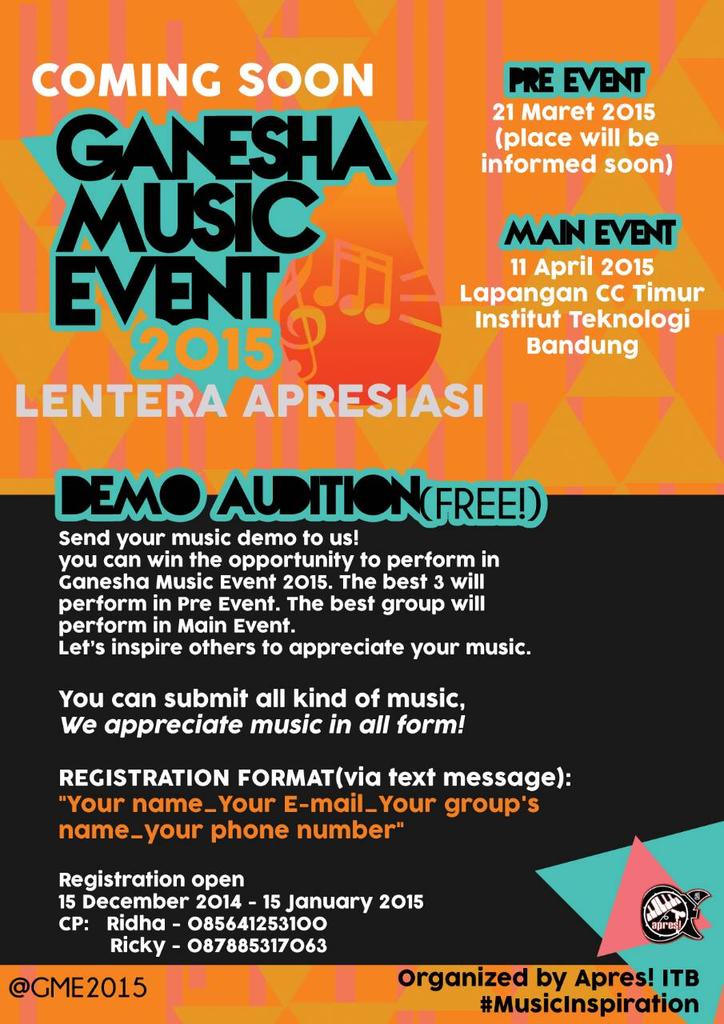 COMING SOON! Ganesha Music Event 2015 "Lentera Apresiasi"! Ayo submit demo band kalian! <a href="/UMM_Itenas/">UMM Itenas</a> <a href="/uksenimaranatha/">uk seni maranatha</a>