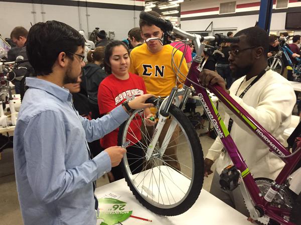 RoseHulman's tweet photo. Our students assembled 350 bikes in just 90 minutes for Bikes for Tykes community service project this Saturday. http://t.co/Nztfyiua9N