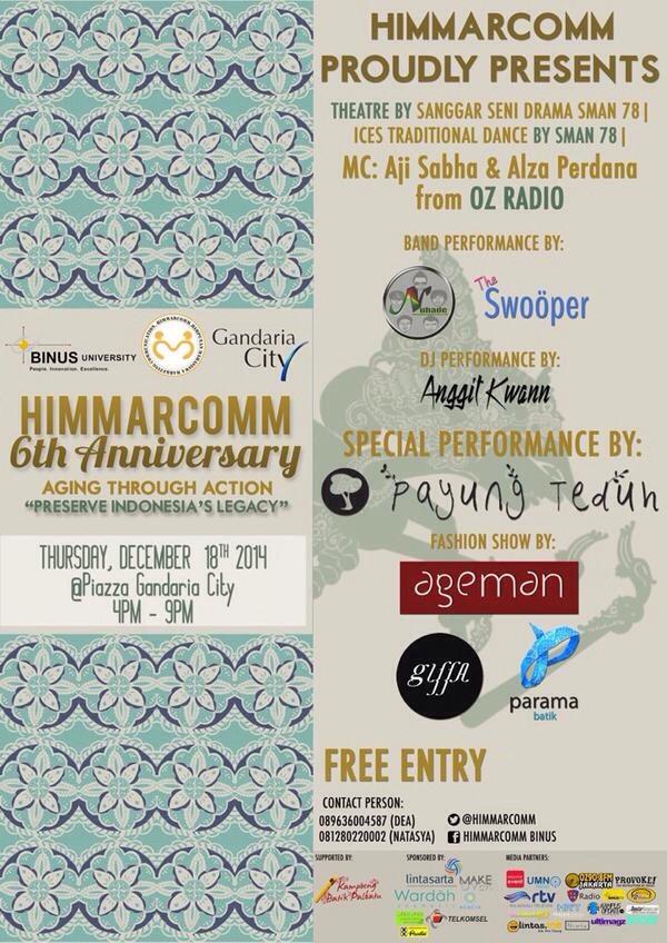 @HIMMARCOMM mempersembahkan; #HIMMARCOMM6thAnniversary, 18/Des/'14 di Piazza Gandaria City jam 3 sore. Gratis loh! ;D