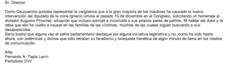 FernandoAgustin's tweet photo. Comparto con uds carta enviada a El Mercurio, La Tercera y El Centro de Talca. En ninguno fue publicada http://t.co/Odr9YYQ3Lz