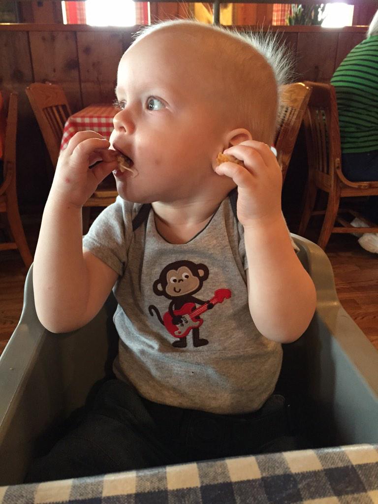 Chicken fingers. One in the mouth. One in the ear. #RoadTripWithAToddler