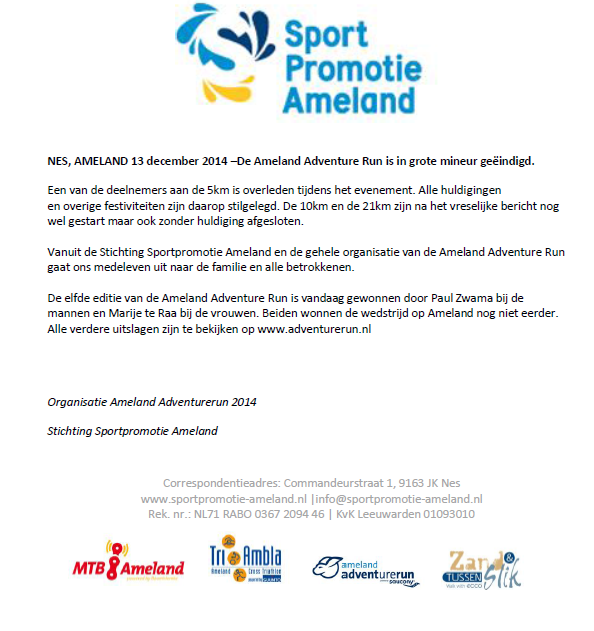 Persbericht | De Ameland Adventure Run is in grote mineur geëindigd.